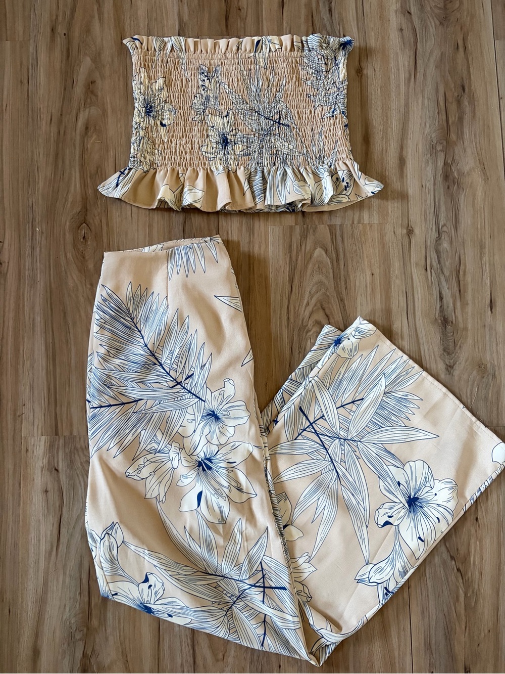 Pink Lily Beige and Blue Floral Two-Piece Set